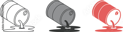 Industrial oil can vector icon set featuring minimalist tilted metal lubricant container with drop symbol for automotive engine maintenance and machinery service.