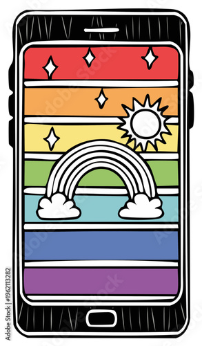 Wallpaper Mural Rainbow sky with sun and clouds displayed on a smartphone screen drawing Torontodigital.ca