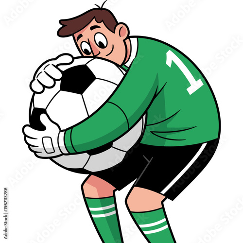 A soccer player in green uniform hugs a ball tightly on field.