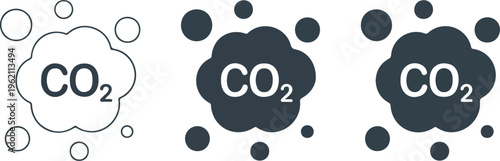 Carbon dioxide CO2 emission vector icon set featuring minimalist gas cloud symbols for environmental pollution global warming and greenhouse effect design.