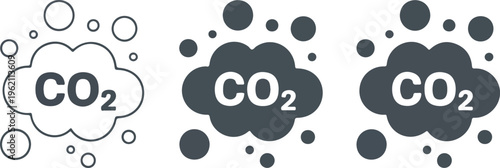 Carbon dioxide CO2 emission vector icon set featuring minimalist gas cloud symbols for environmental pollution global warming and greenhouse effect design.