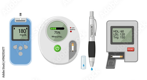 Medical Monitoring Devices Set Including Blood Glucose Meter, Cholesterol Analyzer, and Lancing Pen for Diabetes Management
