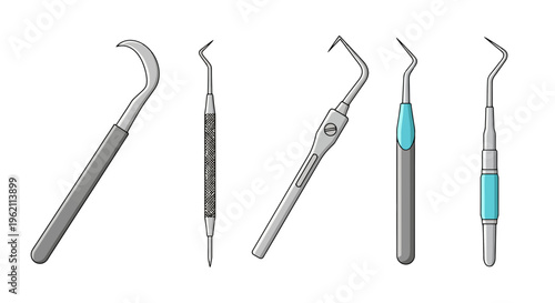 Vector illustration set of dental tools and instruments, including scalers and explorers for professional oral hygiene and plaque removal
