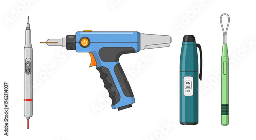 Vector illustration of specialized medical and surgical instruments set including power drill and cautery tools