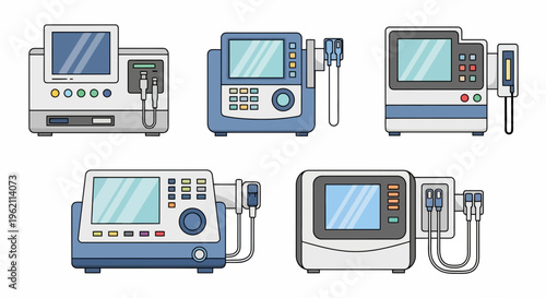 Set of Medical Patient Monitors and Hospital Vital Signs Equipment Vector Illustrations