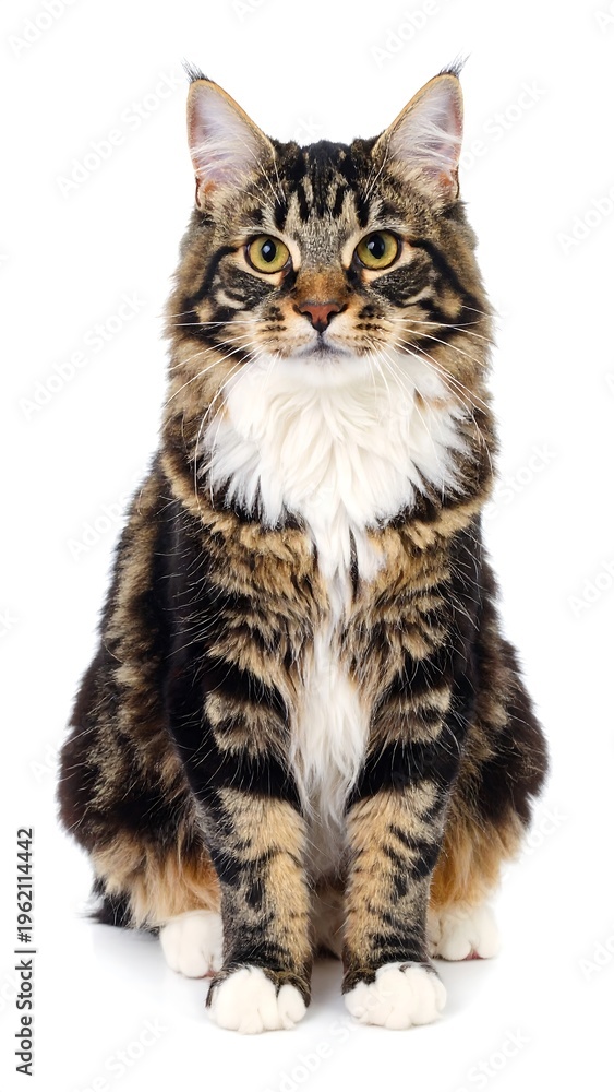 Fototapeta premium A majestic, brown tabby cat with long fur, a white chest, and focused gaze, isolated