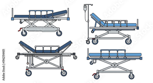 Vector Set of Adjustable Hospital Beds and Medical Stretchers with IV Pole