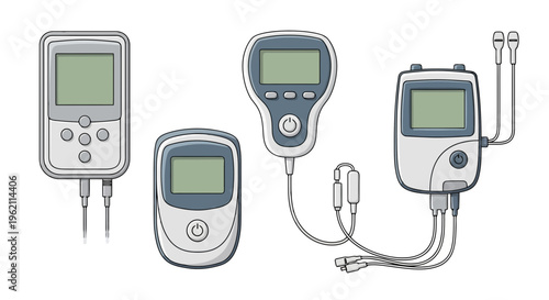 Set of portable medical devices and electronic diagnostic equipment illustrations including TENS machines, pulse massagers, and health monitors for physiotherapy and home care