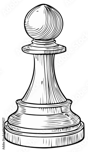 A classic chess pawn piece with engraved lines in a black and white illustration style