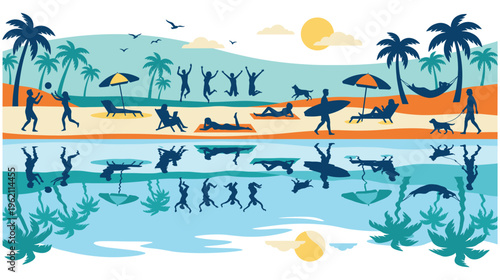 Summer vacation, beach party with people doing various activities.