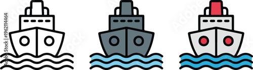 Cruise ship vector icon set featuring minimalist ocean liner vessel for maritime travel sea transportation vacation and nautical logistics design.