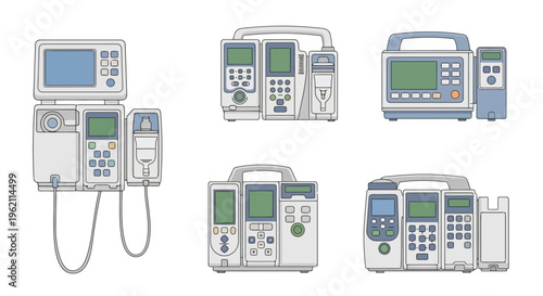 Vector Illustration of Various Medical Infusion and Syringe Pumps for Hospital Care
