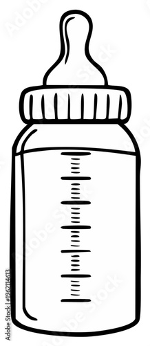 Black and white illustration of a baby bottle with milk, cartoon style