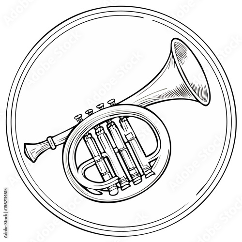 French Horn Illustration in Circle Frame for Music or Orchestra Design Element