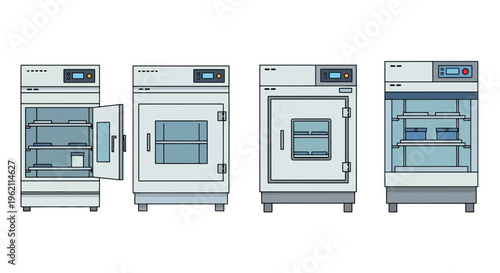 Set of laboratory incubators and drying oven vector illustrations for scientific research and medical laboratories