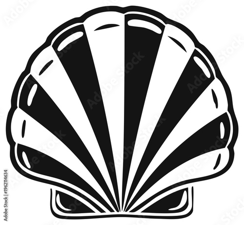 Stylized black and white vector illustration of a large seashell, radiating lines and a distinct outline