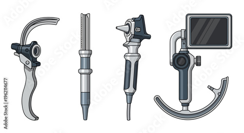 Set of Professional Medical Diagnostic and Intubation Tools Including Video Laryngoscope and Otoscope Vector Illustration