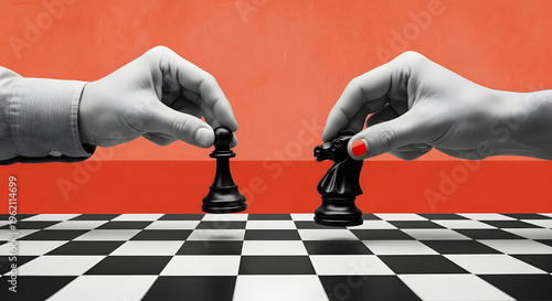 Business Strategy Concept Featuring Two Hands Moving Black Chess Pieces on a Checkered Board with Vibrant Red Background for Professional Marketing, Leadership, Competition, and Strategic Decision