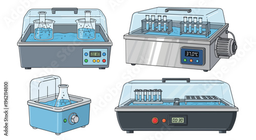Collection of Laboratory Water Bath Incubators with Glassware, Test Tubes, Beakers and Flasks for Scientific Research and Medical Testing