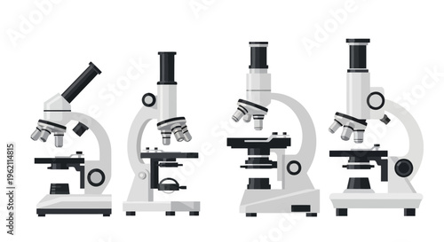 Set of modern optical microscope vector illustrations for laboratory research and scientific medical supplies