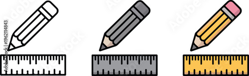 Pencil and ruler vector icon set featuring minimalist drafting tools for school education stationary architecture drawing and engineering measurement design.