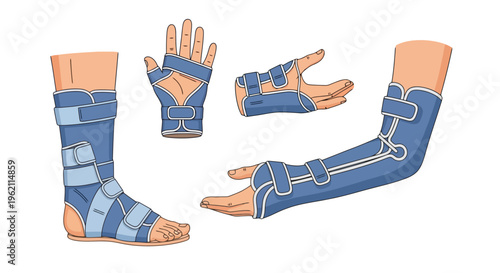 Medical orthopedic braces and splints for arm, wrist, and ankle injury support and rehabilitation, vector illustration set