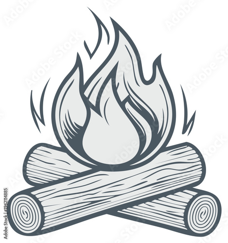 Cartoon campfire with burning flames and crossed logs illustration
