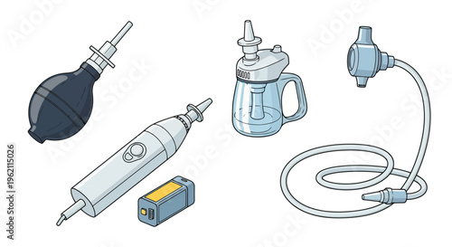Vector illustration set of various nasal aspirators and medical devices for infant nasal congestion relief, featuring manual bulb, electric suction, and mouthpiece tube cleaners.