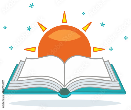 Open book with shining sun, knowledge, reading, learning concept,  education and bright future, vector illustration for children, books