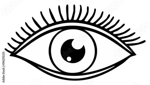 Stylized black and white line art illustration of an eye with long eyelashes
