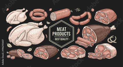 Elegant butcher shop logo featuring best quality meat products text surrounded by hand drawn poultry, beef, and pork on dark.