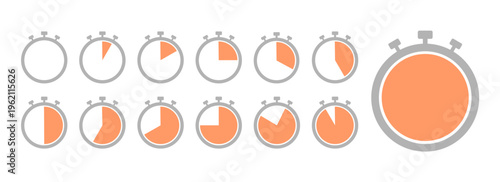 Stopwatch Timer Icon Set with Different Time Intervals Vector. Orange Countdown Timer Progress Display Pack for Infographics. Editable Chronometer Symbols Template for Loading and Timing