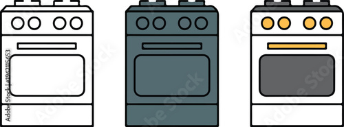 Gas stove vector icon set featuring minimalist electric oven range and kitchen appliance for domestic cooking household equipment and restaurant interior design.