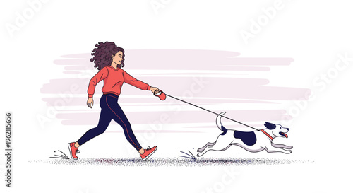 Smiling young woman with curly hair walking her energetic dog on a leash in a minimalist hand-drawn illustration style.