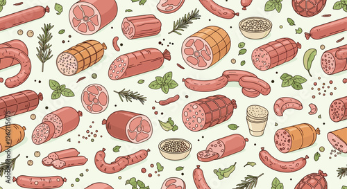 Seamless pattern of assorted sausages, hams, and meat cuts garnished with fresh herbs and spices on a light green background.