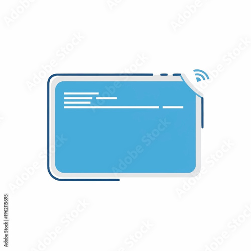 A minimalist blue rectangular card with a subtle wireless signal icon in the top right corner, suggesting digital connectivity or data transfer.