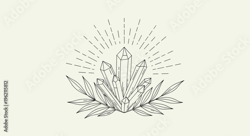 Delicate line drawing of a crystal cluster growing from leafy branches with radiant sunbeams in a mystical engraving style.