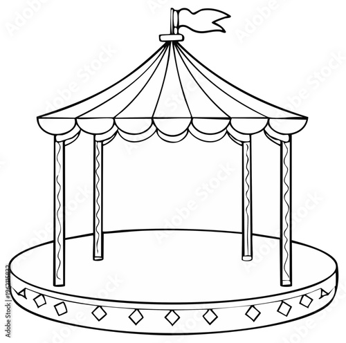 Monochrome line drawing of a carousel outline with tent roof and flag decoration