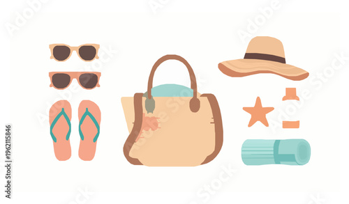 Womens summer beach bag vector with accessories including hat sunglasses and sandals isolated on white