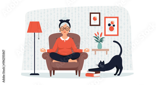 Peaceful elderly woman practicing yoga and meditation in a cozy armchair while her black cat stretches on a stack of books.