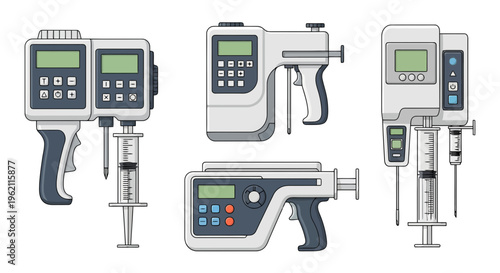Medical Syringe Pump Injector Devices for Intravenous Infusion and Drug Delivery, Hand Drawn Vector Set