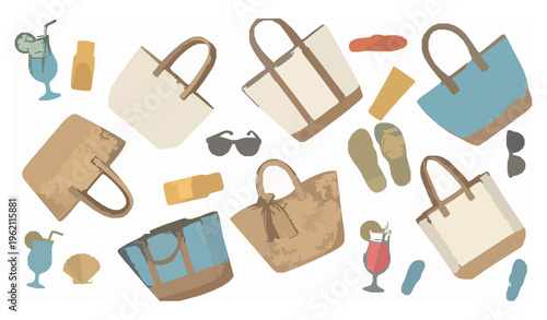Womens beach bag and summer accessories vector set in dynamic layout isolated on white background