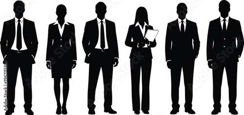 Black silhouette group of business people standing in formal suits isolated on white background vector illustration for corporate team concept.