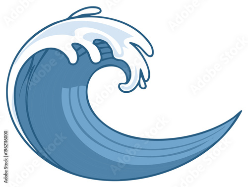 Cartoon Ocean Wave Illustration with Dynamic Curl and Foamy White Crest for Water Sports Concepts
