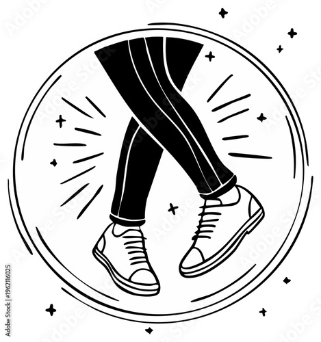 Walking legs doodle with sports pants and sneakers in black and white design