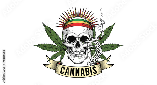Edgy illustration of a skull wearing a colorful rasta hat smoking a joint with cannabis leaves and a ribbon banner.