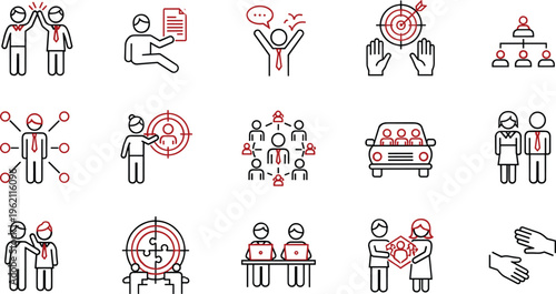 Corporate business team icon set featuring flat line vectors for leadership partnership human resources target achievement and professional office workplace collaboration.