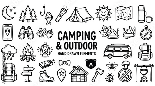 Camping and outdoor adventure line art elements set for recreational activities.