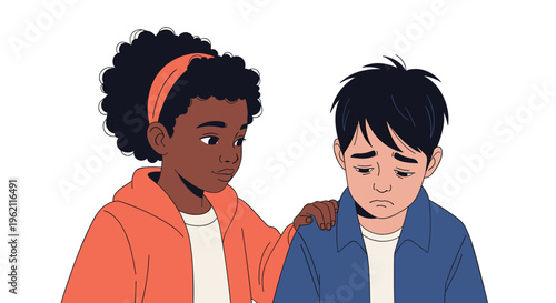 Compassionate young girl offering support by placing her hand on the shoulder of a sad boy who is looking down in distress.