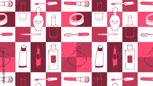 Seamless colorful pattern for fabric and packaging with hand-drawn cosmetics and perfumes.